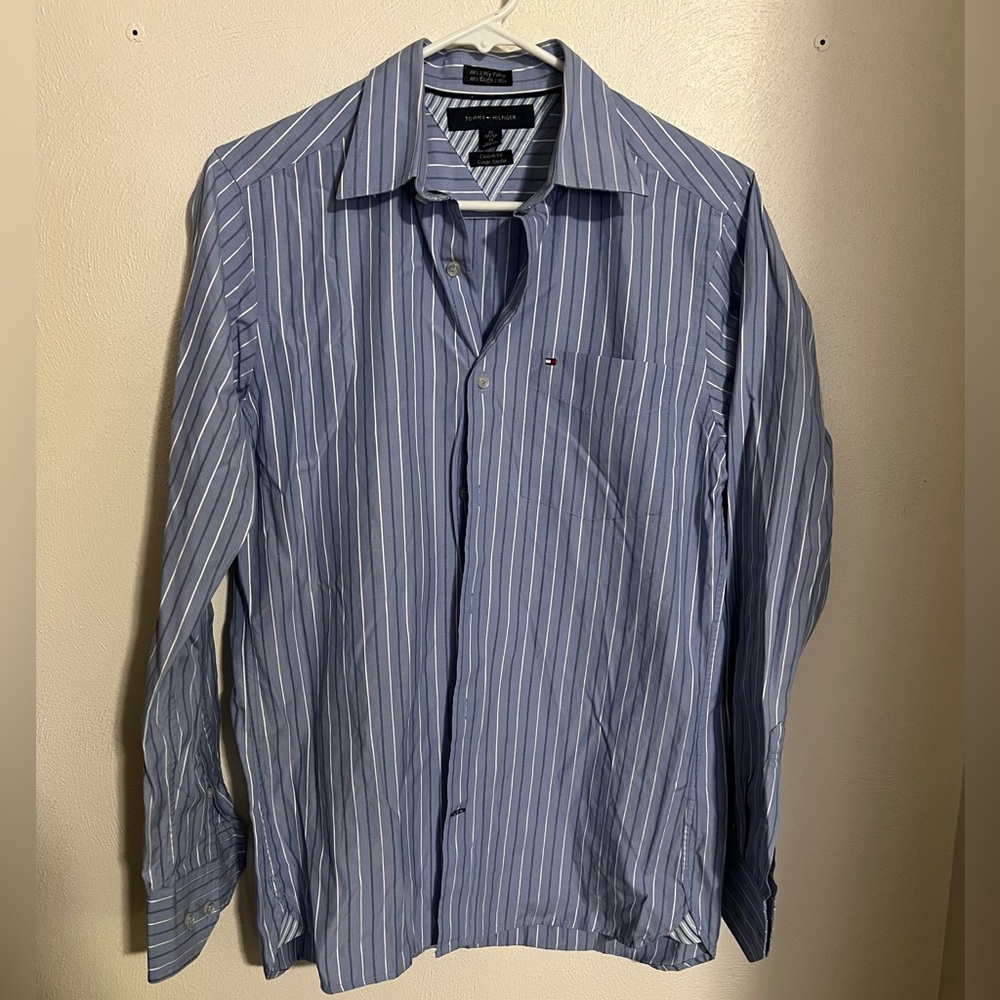 TOMMY HILFIGER Classic Custom‎ Fit Striped Button Down Shirt Blue White Mens XS